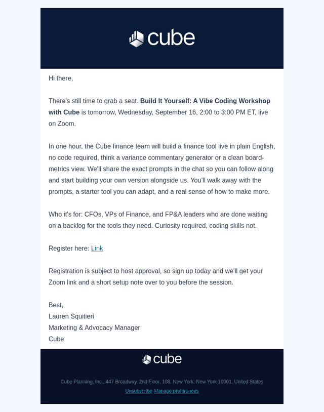 Last chance to register for Build It Yourself: A Vibe Coding Workshop with Cube (9/16)