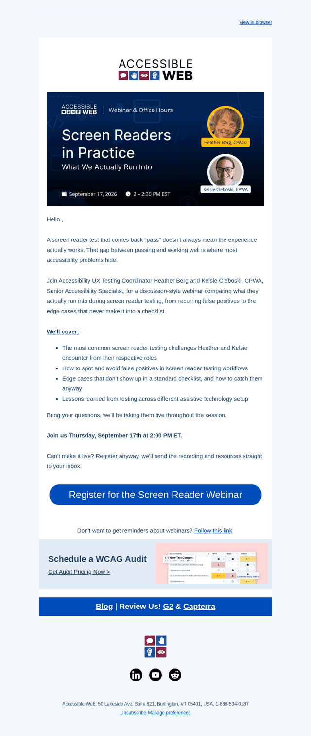 Reminder: Screen Readers in Practice — Thursday at 2 PM ET