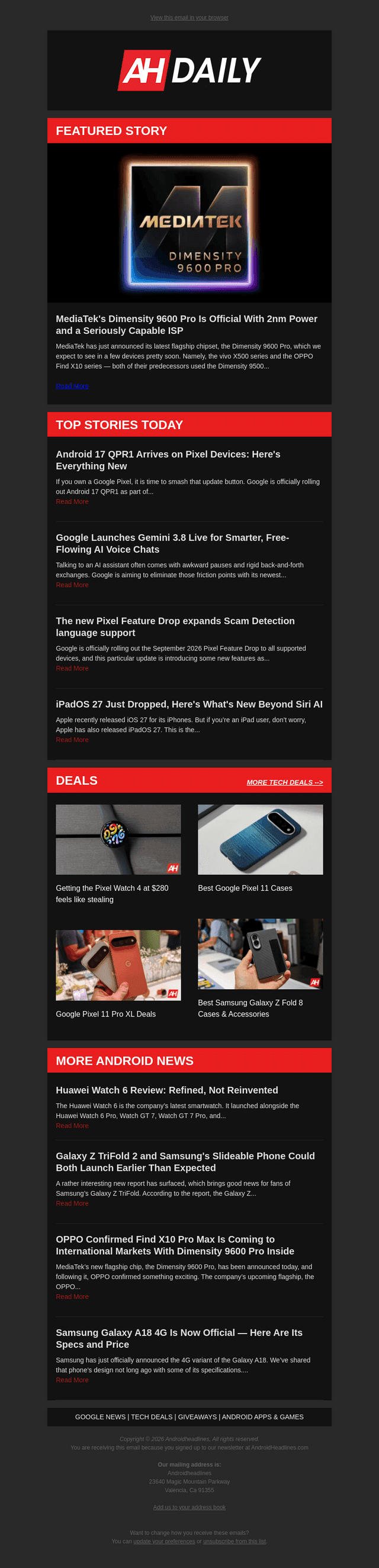 Android Headlines email from Tue, Sep 15, 2026