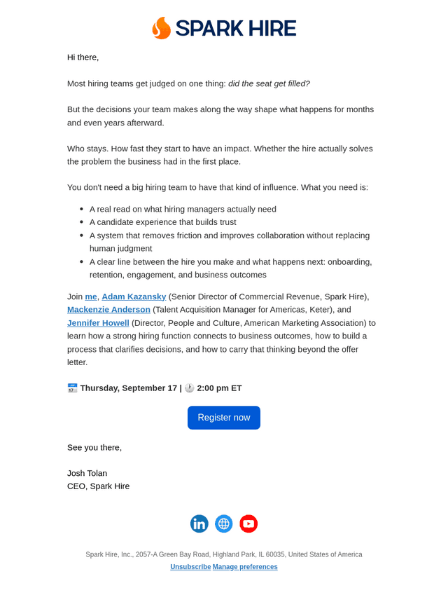 Spark Hire email from Wed, Sep 16, 2026
