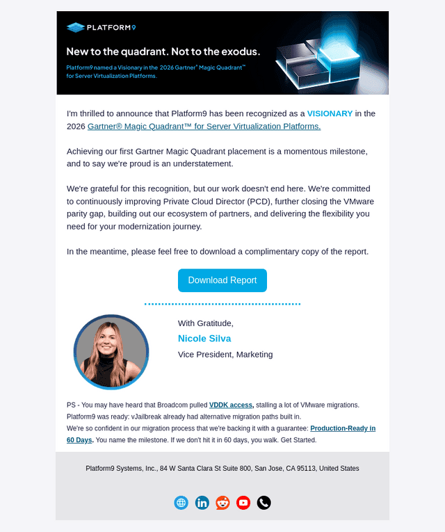 Platform9 recognized as a VISIONARY in 2026 Gartner® Magic Quadrant™ for Server Virtualization Platforms.