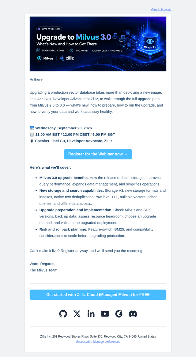 Zilliz email from Thu, Sep 17, 2026