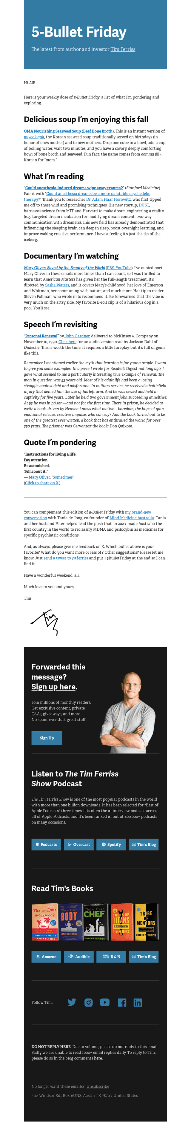Tim Ferriss email from Sat, Sep 19, 2026