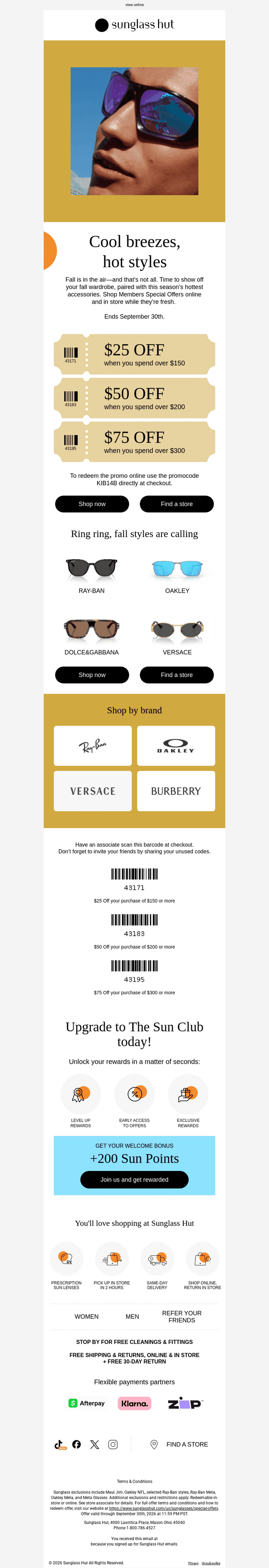 Sunglass Hut email from Sat, Sep 19, 2026