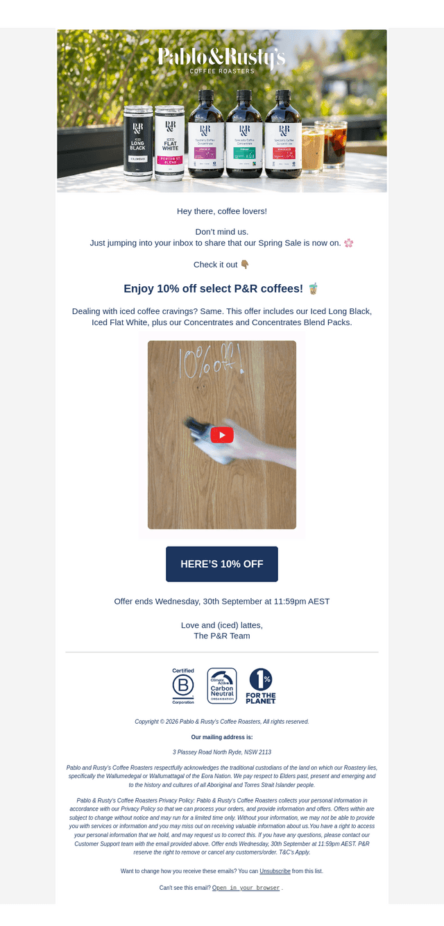 Pablo & Rusty's Coffee Roasters email from Sun, Sep 20, 2026