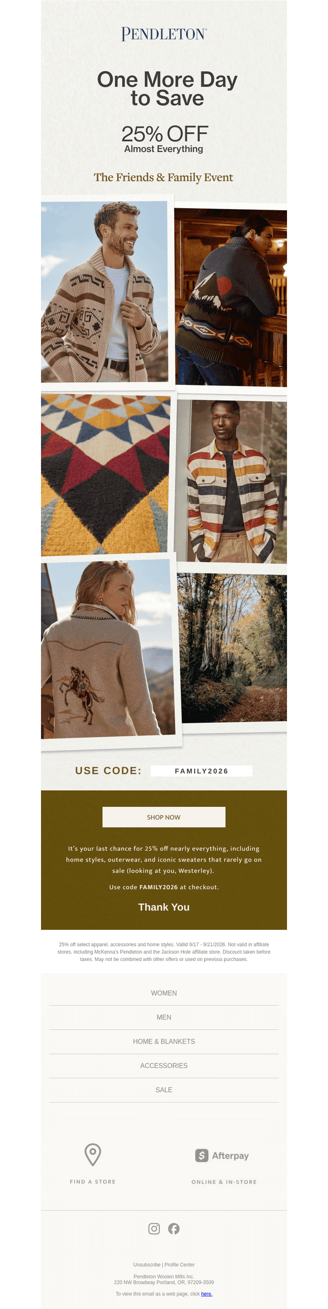 Pendleton Woolen Mills email from Sun, Sep 20, 2026