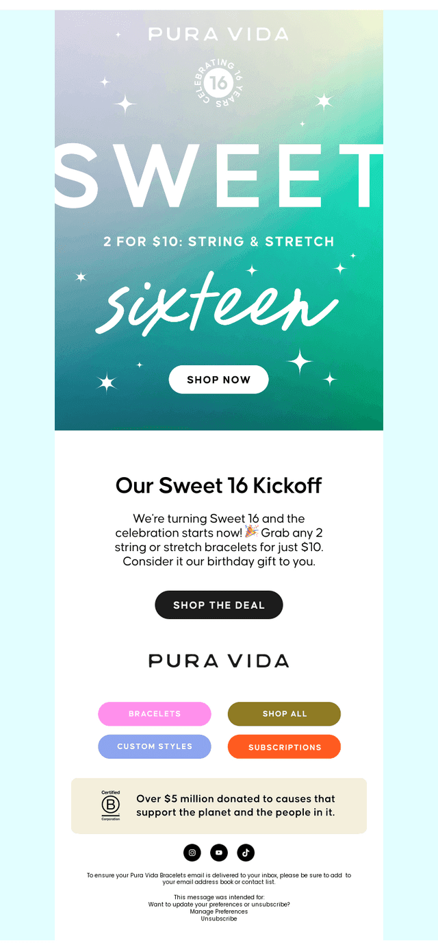 Pura Vida Bracelets email from Sun, Sep 20, 2026