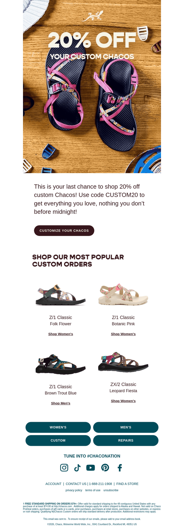Here today, gone tomorrow! 20% off custom Chacos