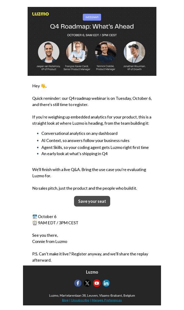 Luzmo email from Wed, Sep 23, 2026