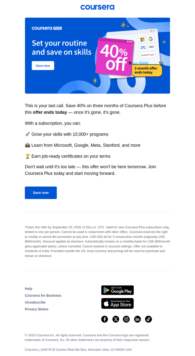 ⏰ Final hours: 40% off Coursera Plus ends today