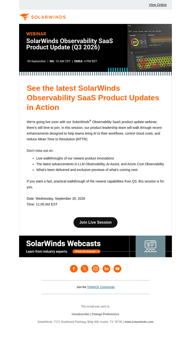 SolarWinds email from Wed, Sep 23, 2026