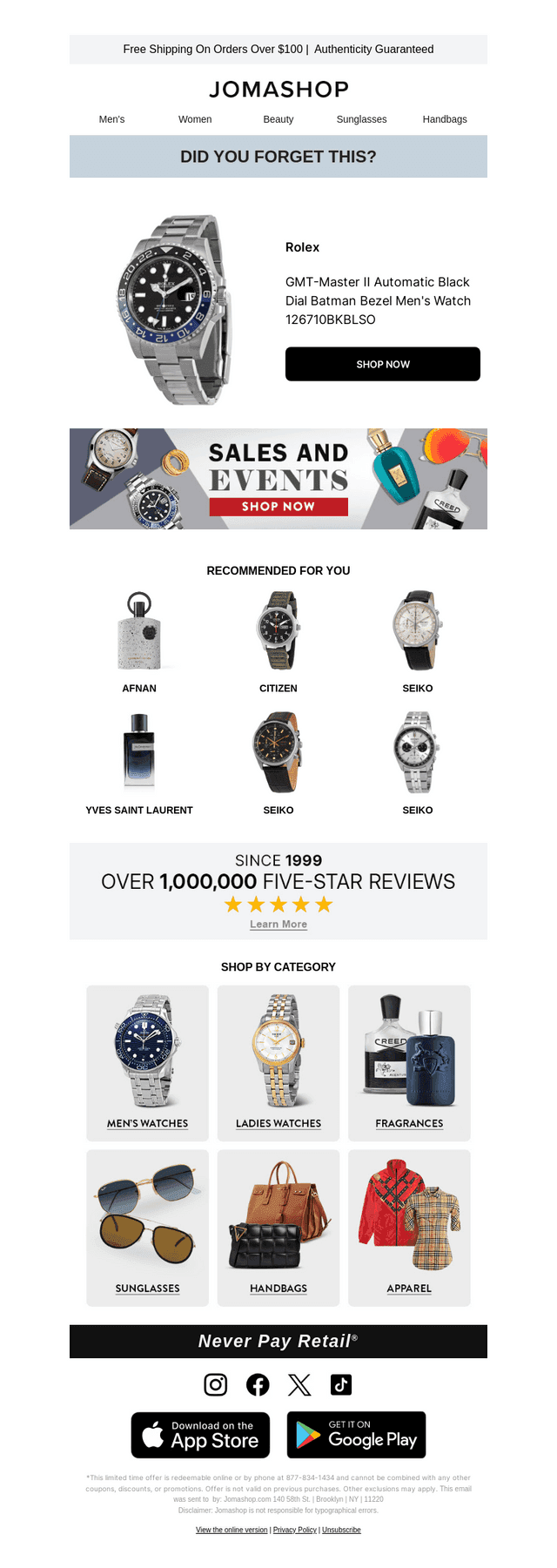Jomashop email from Wed, Sep 23, 2026