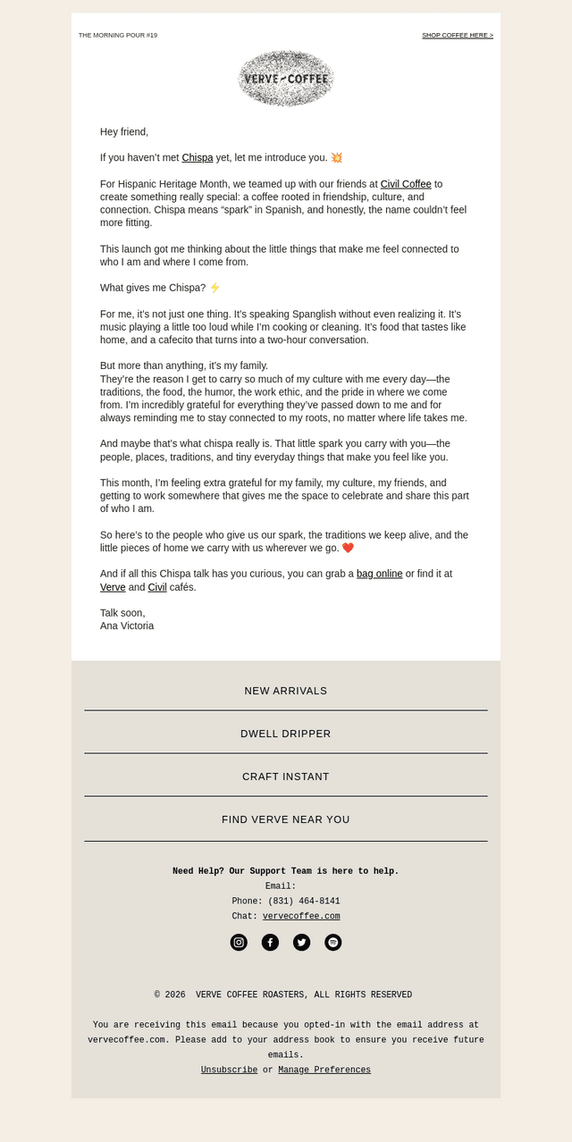 Verve Coffee Roasters email from Sat, Sep 26, 2026