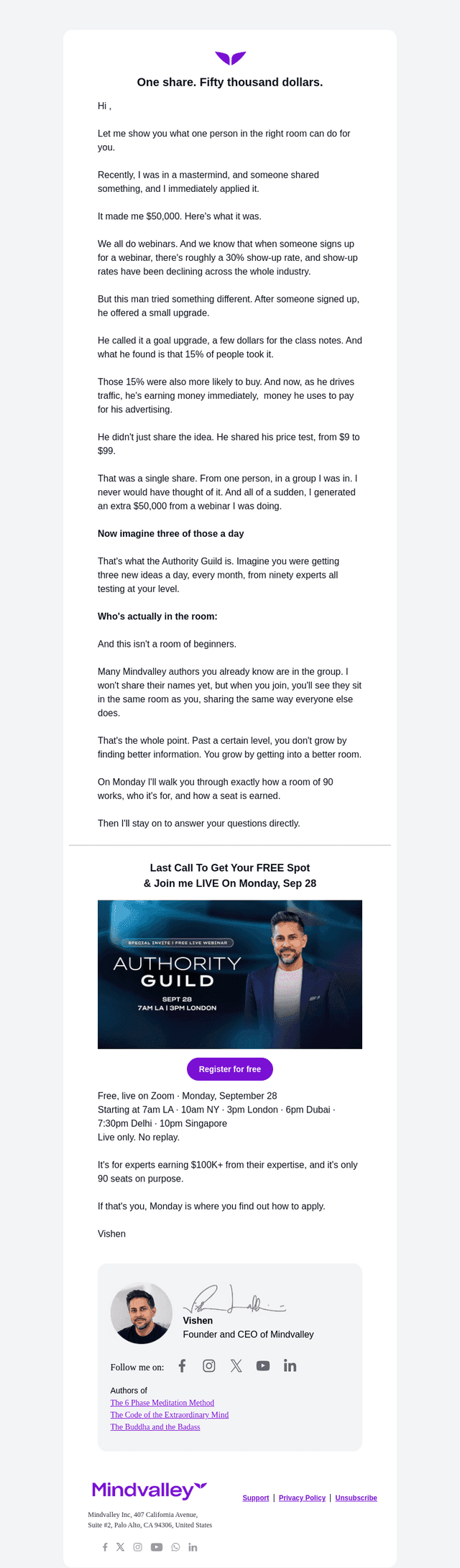 Mindvalley email from Sun, Sep 27, 2026