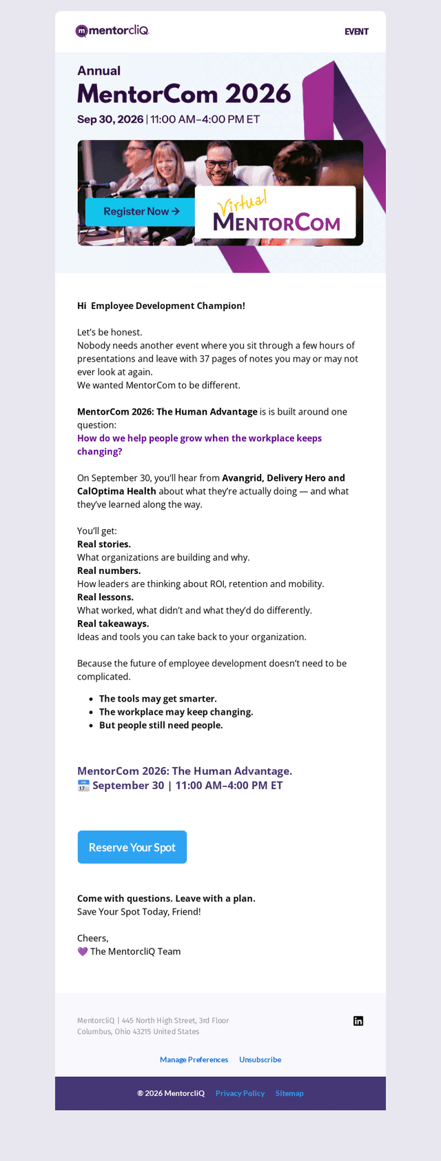 MentorcliQ email from Mon, Sep 28, 2026