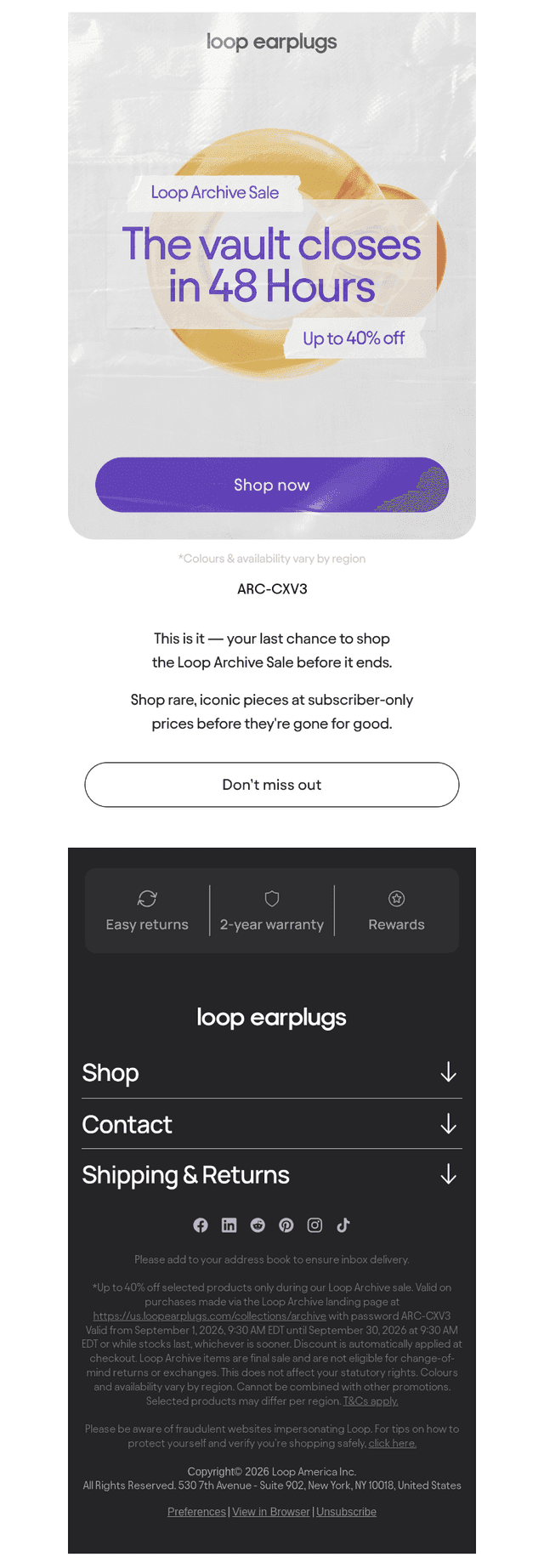 Loop Earplugs email from Mon, Sep 28, 2026
