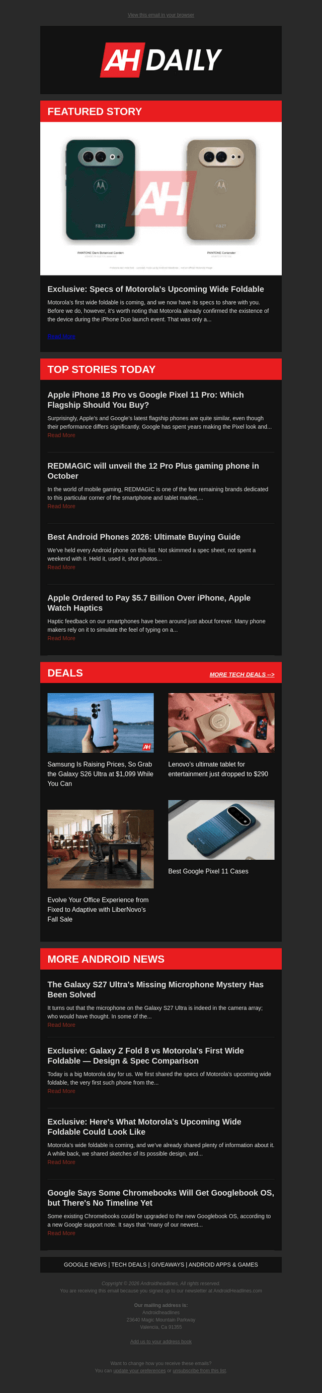Android Headlines email from Mon, Sep 28, 2026