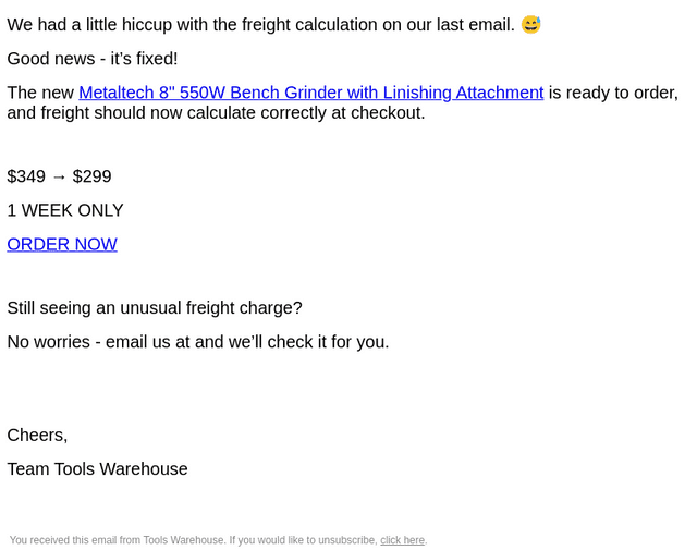 Tools Warehouse email from Mon, Sep 28, 2026