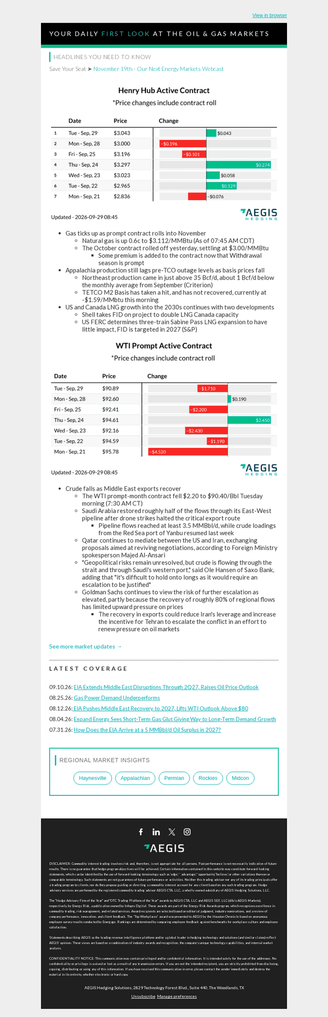 AEGIS Hedging email from Tue, Sep 29, 2026