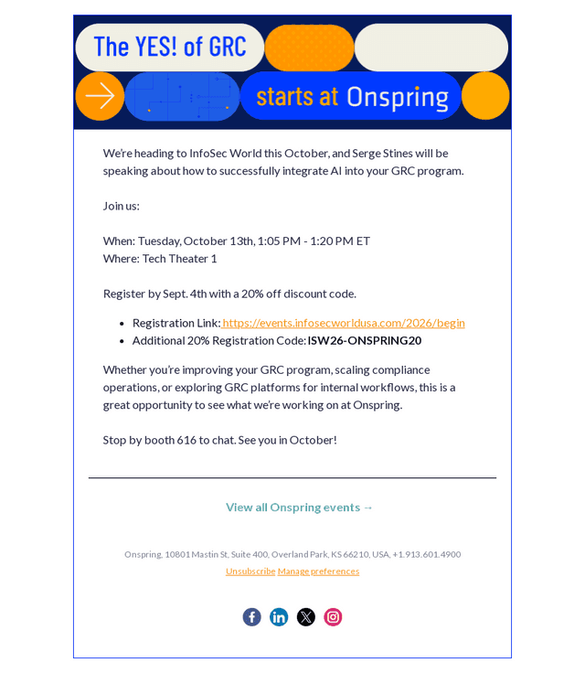 Onspring Technologies email from Tue, Sep 29, 2026
