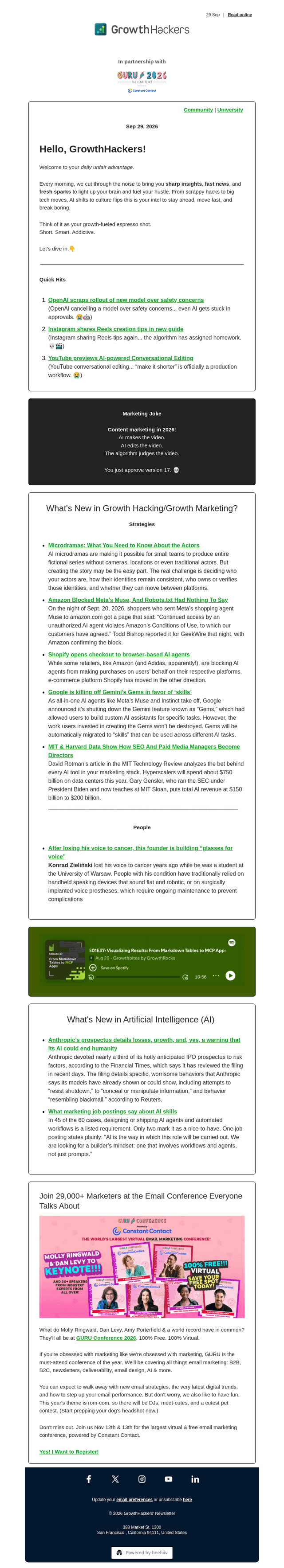 GrowthHackers email from Tue, Sep 29, 2026