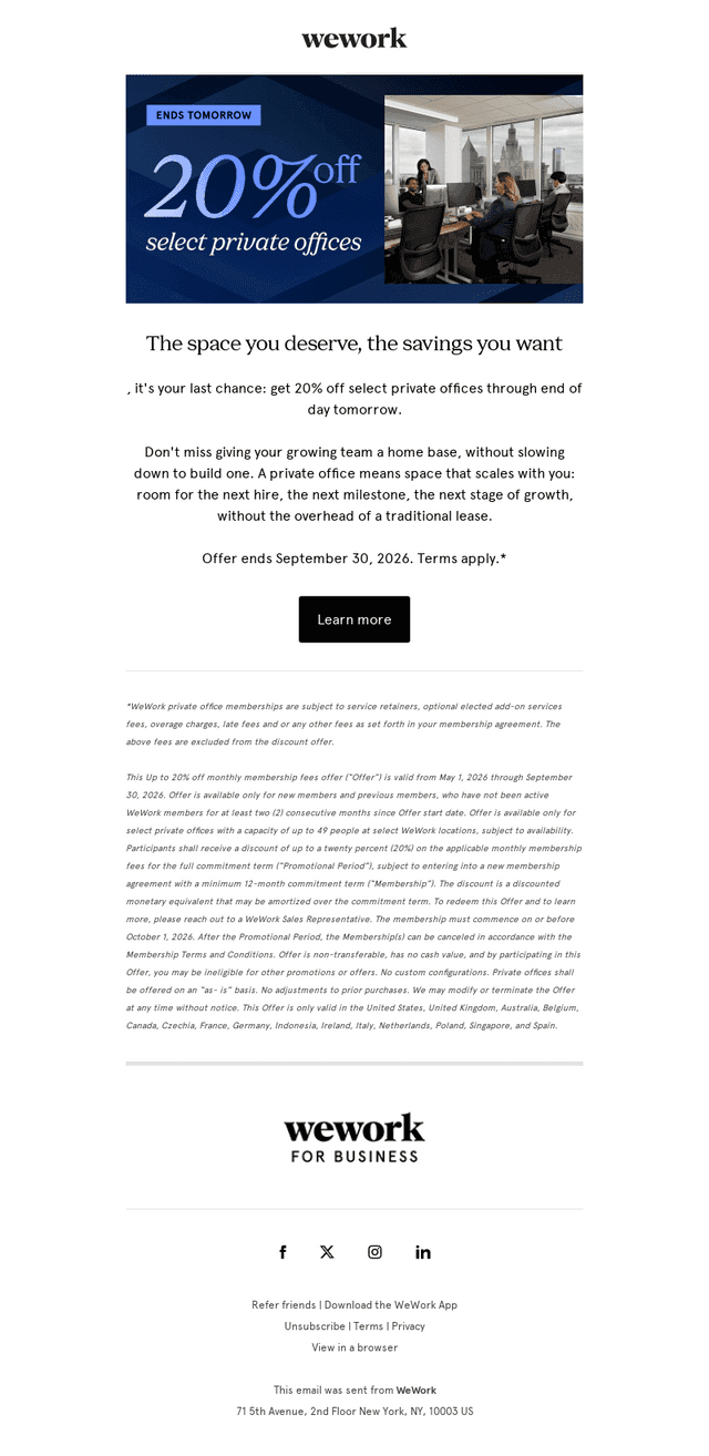 WeWork email from Tue, Sep 29, 2026