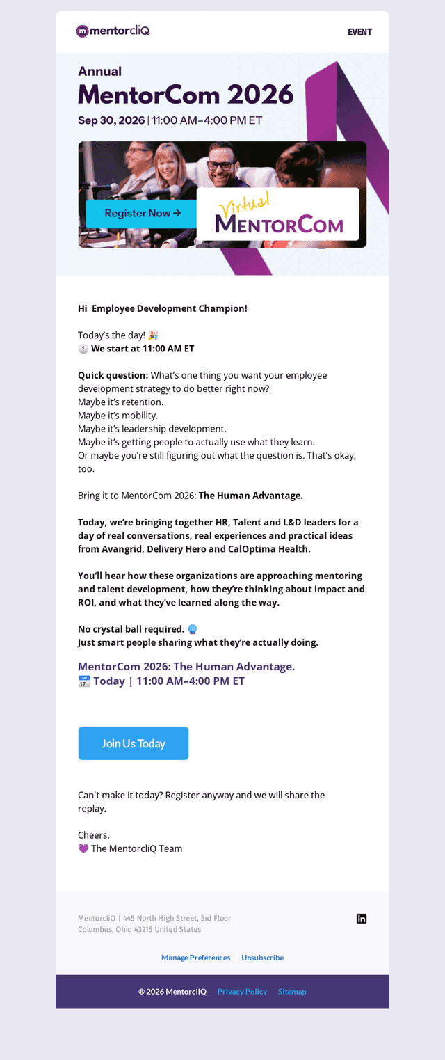 MentorcliQ email from Wed, Sep 30, 2026