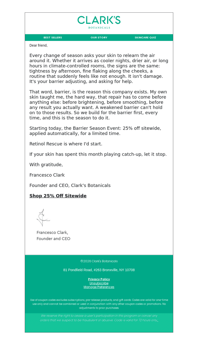 Clark's Botanicals email from Wed, Sep 30, 2026