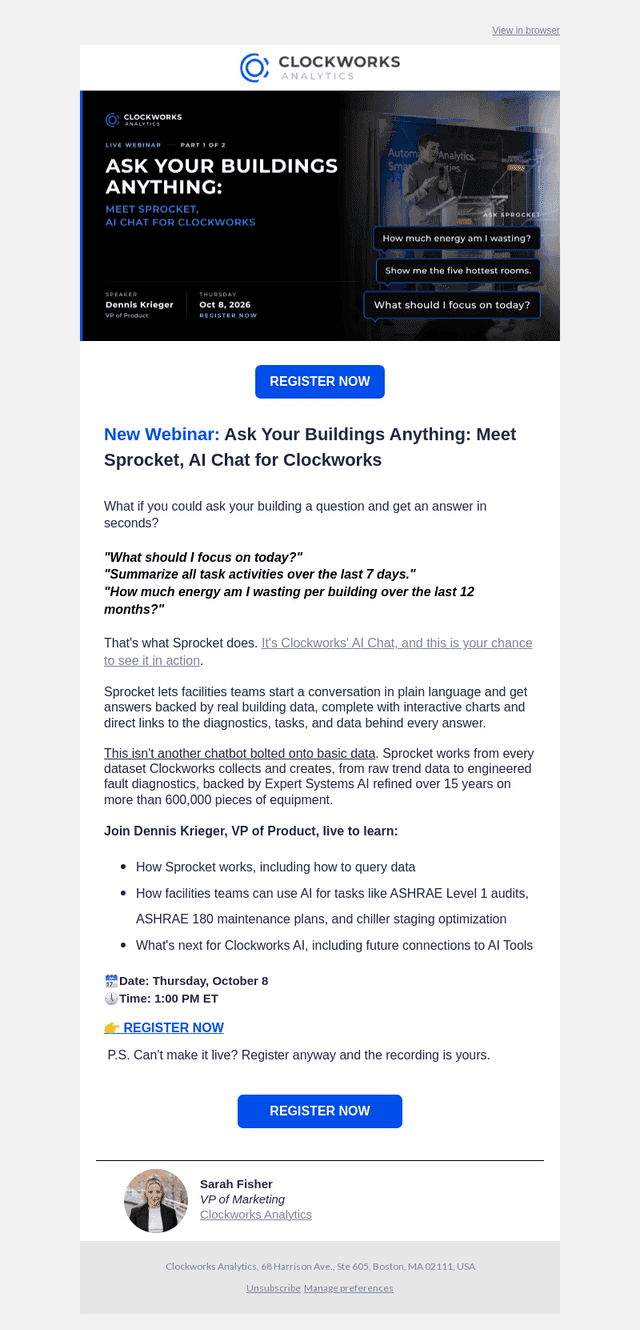 Clockworks Analytics email from Wed, Sep 30, 2026