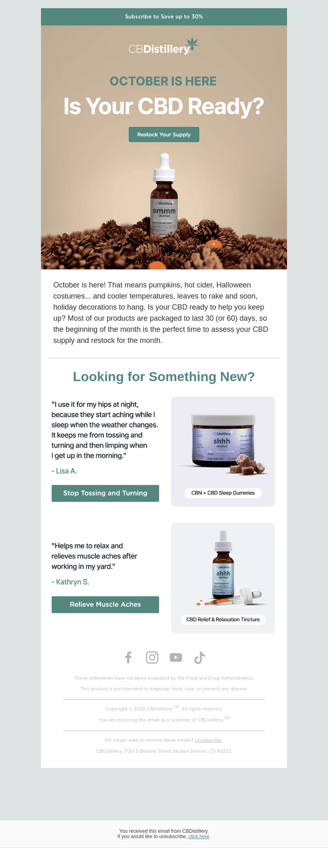 The CBDistillery email from Thu, Oct 1, 2026