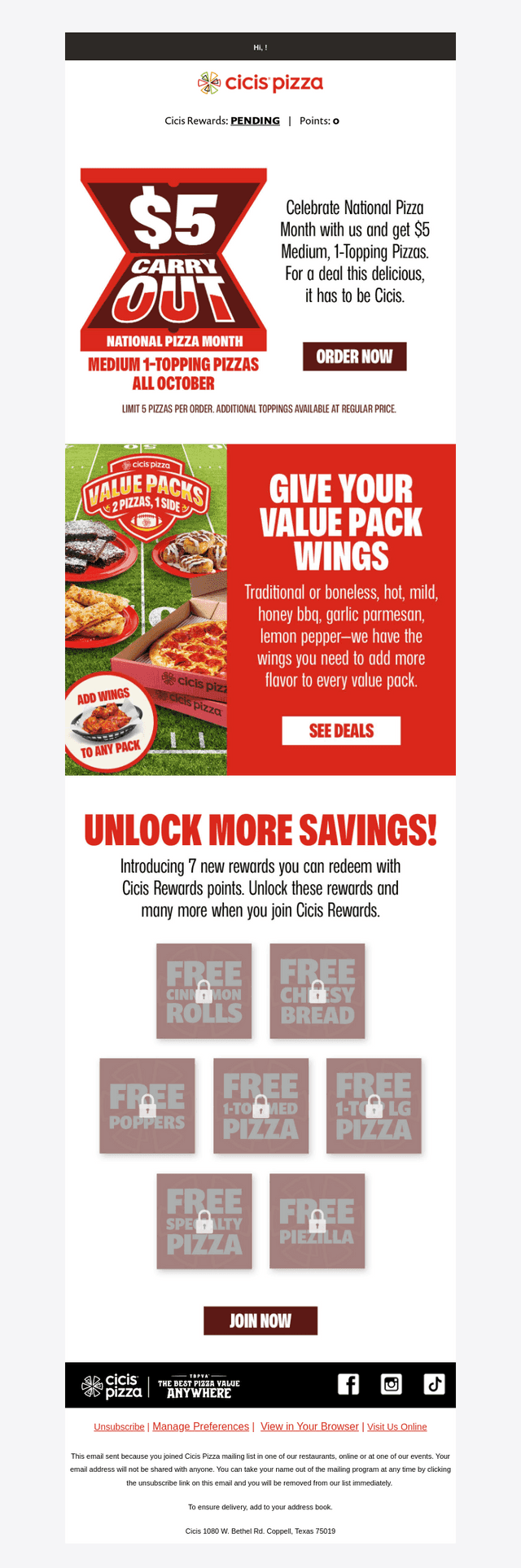 Cici's Pizza email from Thu, Oct 1, 2026