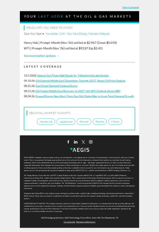 AEGIS Hedging email from Thu, Oct 1, 2026