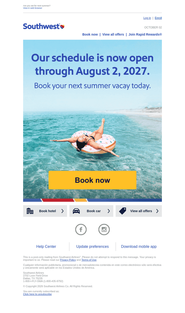 Southwest Airlines email from Fri, Oct 2, 2026