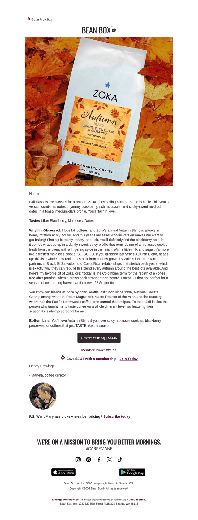 BeanBox email from Sat, Oct 3, 2026