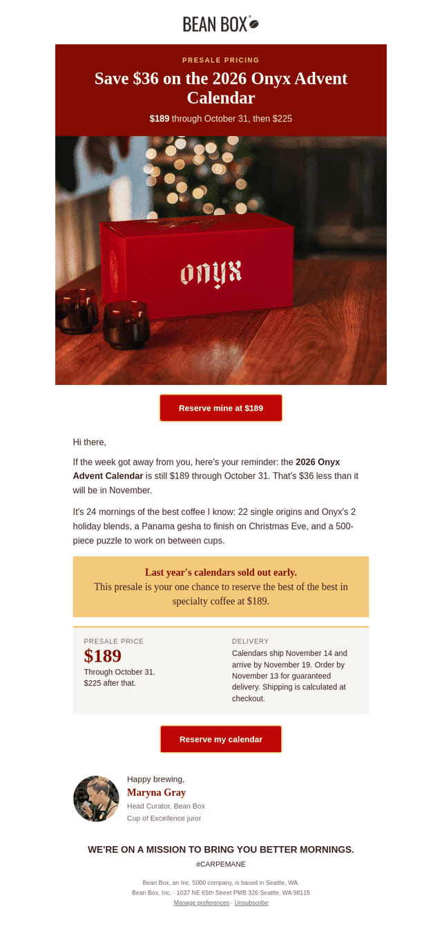 BeanBox email from Sun, Oct 4, 2026
