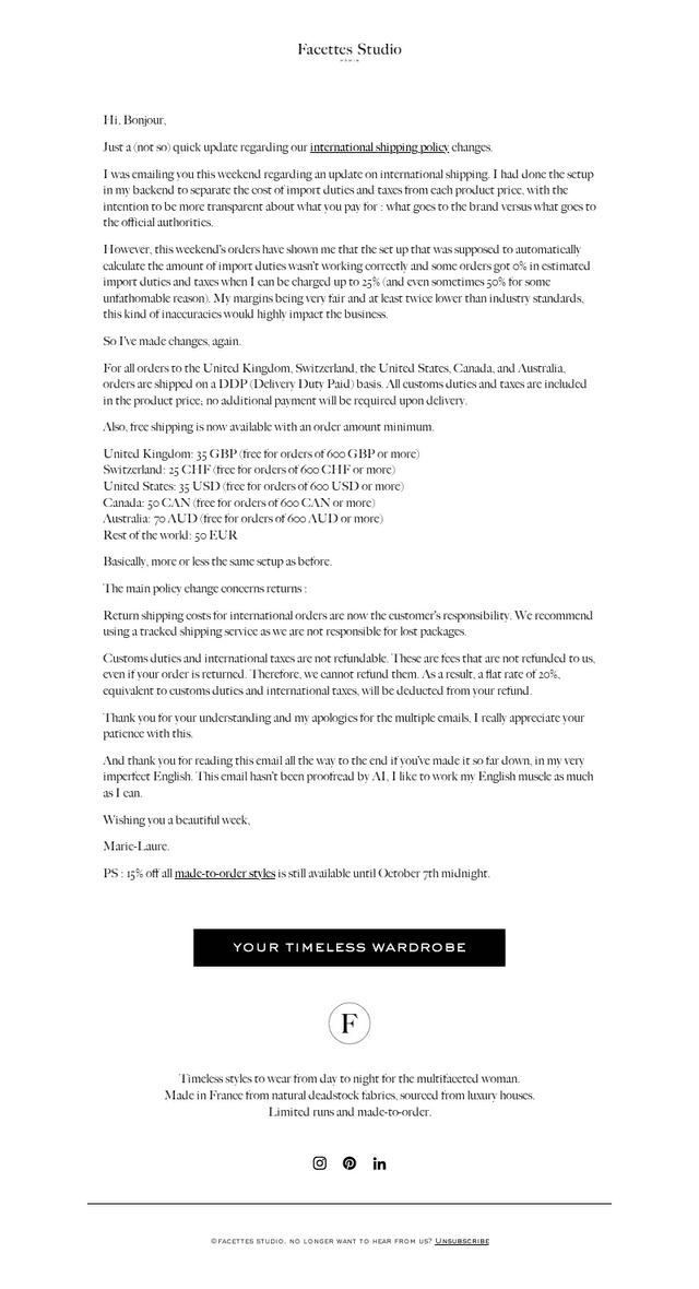 Facettes Studio email from Mon, Oct 5, 2026