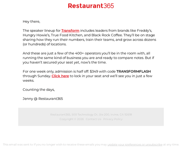 Restaurant365 email from Tue, Oct 6, 2026