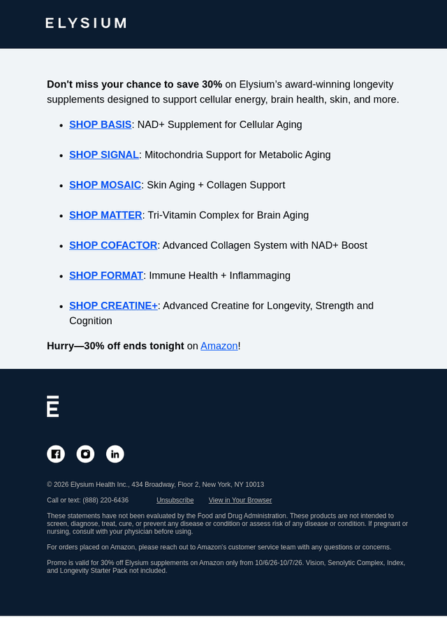 Elysium Health email from Wed, Oct 7, 2026