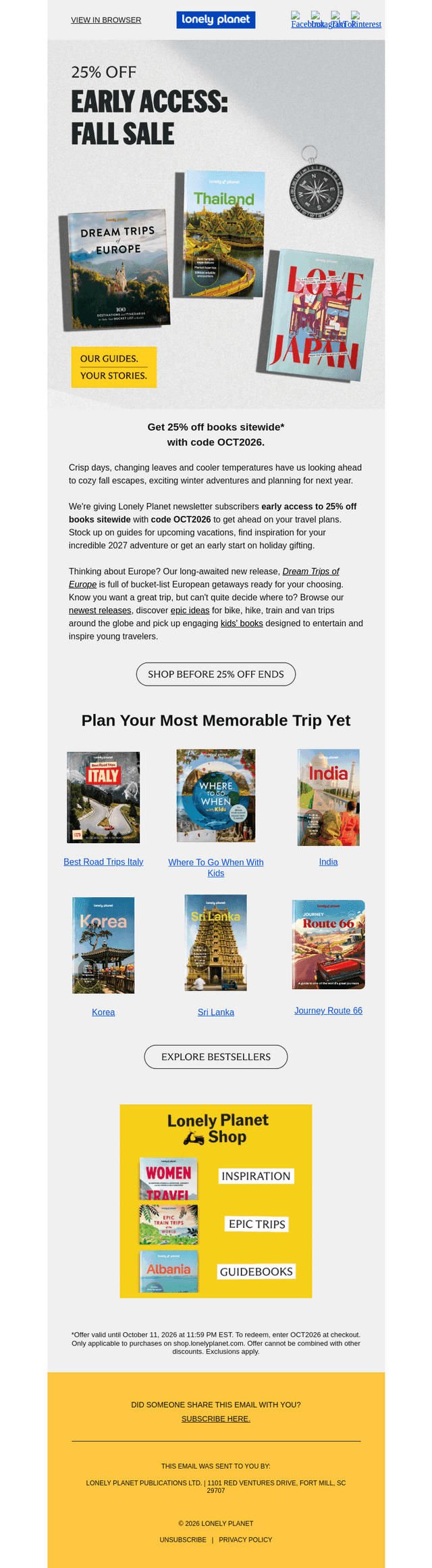 Lonely Planet email from Wed, Oct 7, 2026