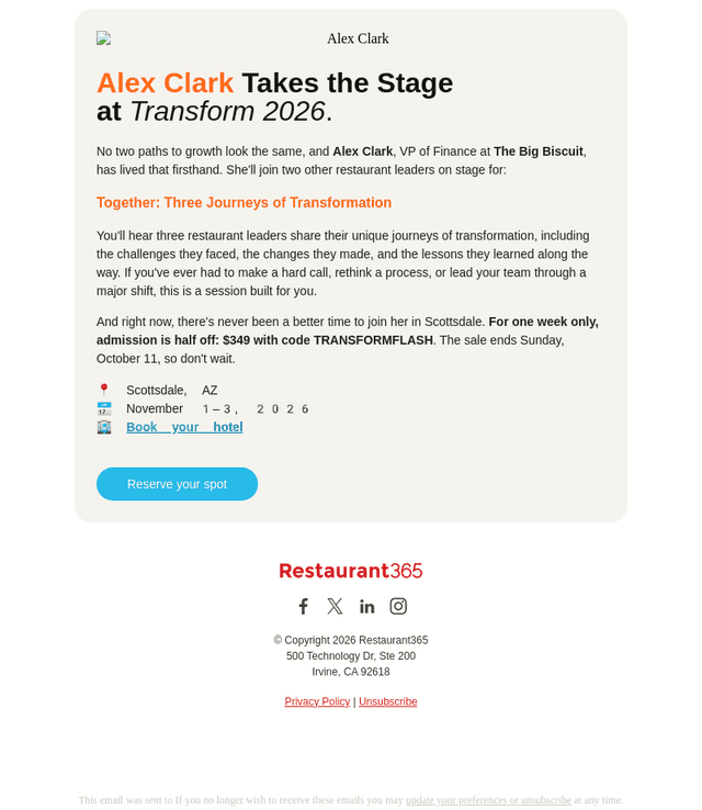 Restaurant365 email from Wed, Oct 7, 2026