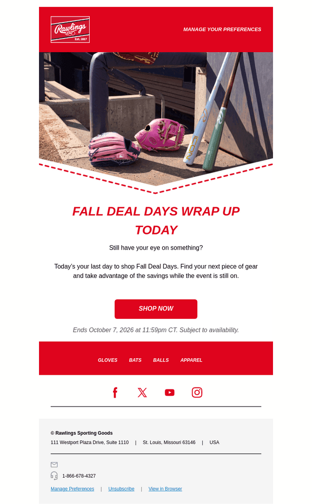 Rawlings Sporting Goods email from Wed, Oct 7, 2026