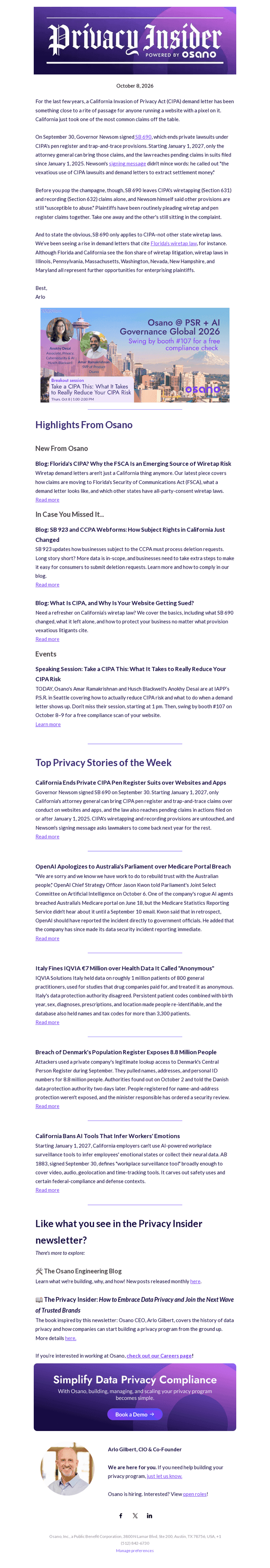 Osano email from Thu, Oct 8, 2026