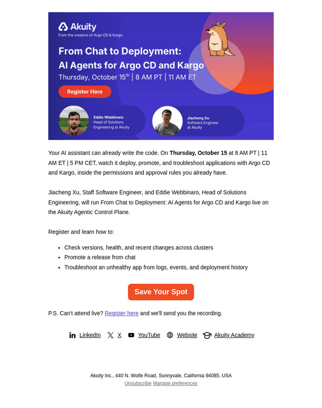Akuity email from Thu, Oct 8, 2026