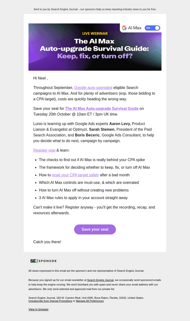 Search Engine Journal email from Thu, Oct 8, 2026