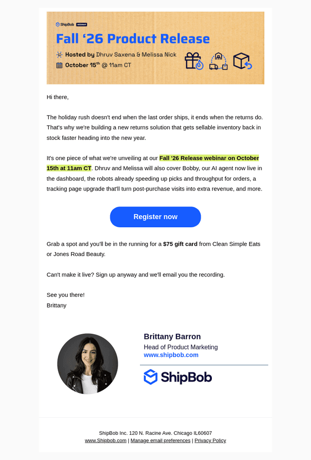 ShipBob email from Fri, Oct 9, 2026