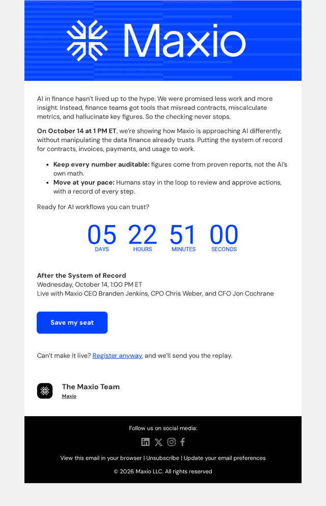 Maxio email from Fri, Oct 9, 2026