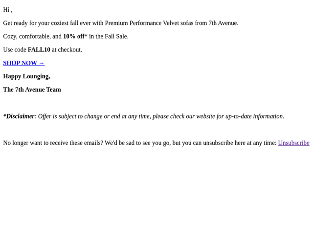 7th Avenue email from Sat, Oct 10, 2026