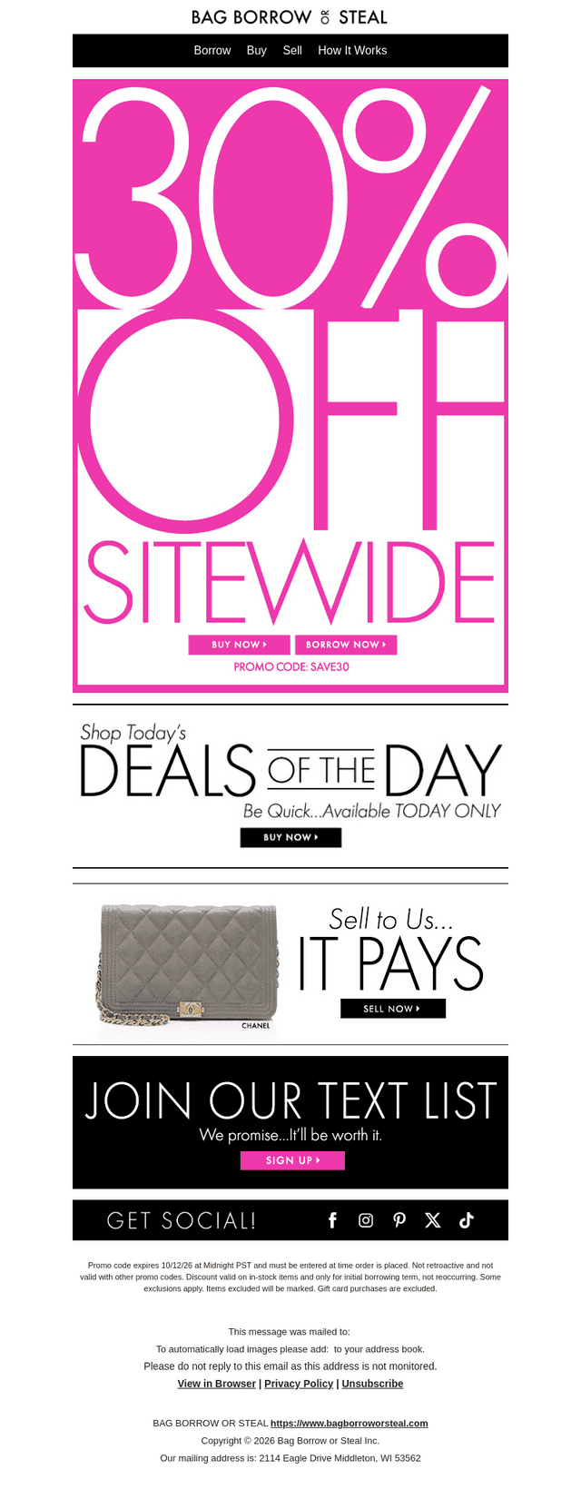 Bag Borrow or Steal email from Mon, Oct 12, 2026