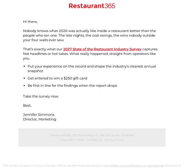 Restaurant365 email from Mon, Oct 12, 2026