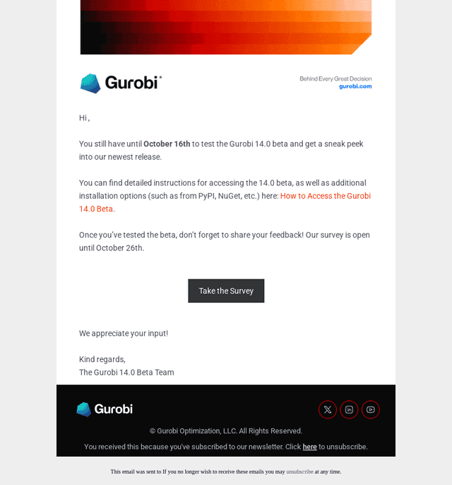 Gurobi Optimization email from Tue, Oct 13, 2026